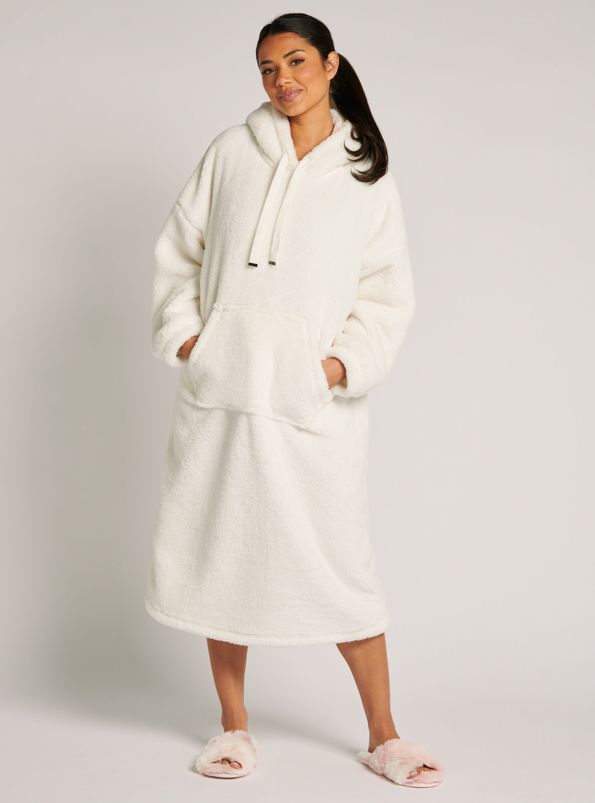 Solid Fuzzy Lounge Robes Ruffle V Neck Long Sleeve Home Robe - Temu